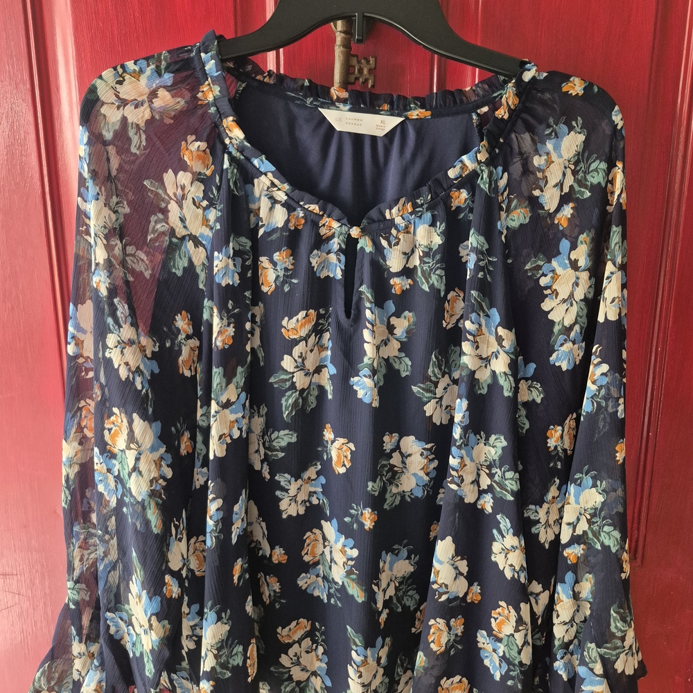 LC Lauren Conrad Navy Floral Peasant Blouse with Blue & Cream Blooms